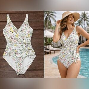 Nip Tuck Swim Floral One Piece Swimsuit White Size 10 Tummy Control Slimming